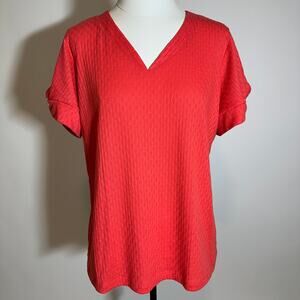 Liz Claiborne Coral Textured Knit V-Neck Short Sleeve Blouse Womens Size Medium